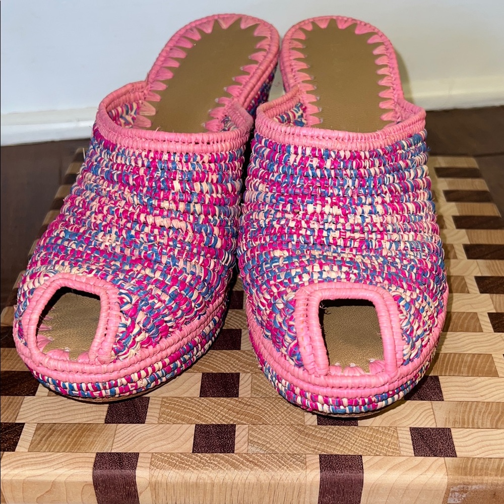 Le Mogador Jessica Pink Multicolor Woven Raffia Platform Wedge Mule Sandals Size